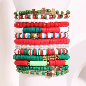 13-piece Christmas multi-layer beaded bracelet set with star charms and Heishi beads