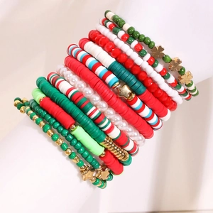 13pcs Christmas polymer clay star bracelet set with red green beads and pearls