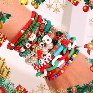 Christmas Beaded Bracelet Polymer Clay Imitation Artificial Pearl Alloy Charm Santa Reindeer Bell Star Holiday Jewelry Accessory