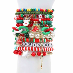 12-piece Christmas star clay bead bracelet set with festive reindeer charms