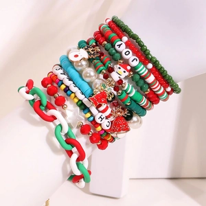 12Pcs Christmas star clay bead bracelet set with Merry Joy charms and festive colors
