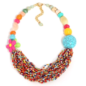 Colorful multi-layer bohemian beaded necklace with turquoise marble bead and floral accents