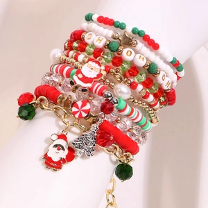 Christmas theme multi-layer beaded bracelet set with Santa Claus and tree charms