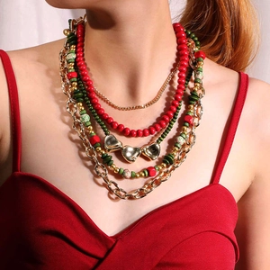 Collier À Perles Multi-Rangs Pour Femmes Pendentif Cœur Bois Aluminium CCB Noël Rouge Vert Or Bohème Bijoux