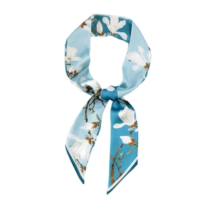 Elegant sky blue silk scarf with white magnolia floral pattern for hair and neck styling