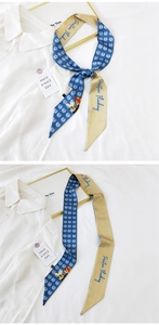 Detail of blue and gold silk scarf with polka dots, illustration and text for bags