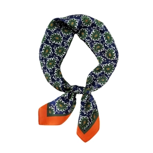 Square paisley silk scarf in navy blue with orange borders and smooth finish
