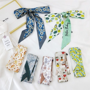 Long Narrow Scarf Floral Fruit Print Polyester Ribbon For Bag Hair Decoration Women Elegant Skinny Neck Tie