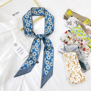 Fashionable narrow twill silk scarf with floral and fruit patterns for hair and bags