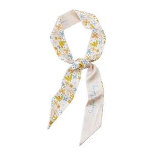 Floral skinny silk scarf with bird pattern and Positive Thinking print for women