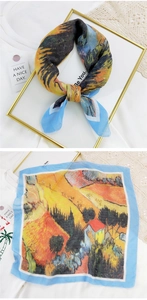 Detail of artistic oil painting square scarf with vibrant landscape print and silk texture