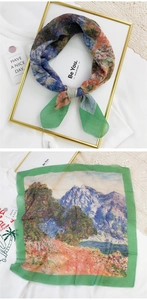 Artistic oil painting style square scarf featuring snowy mountains and green lake detail