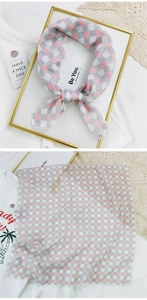 Detailed view of pink and grey plaid cotton linen small square scarf for women