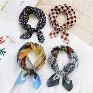 Set of four cotton linen small square scarves with floral and plaid prints for women