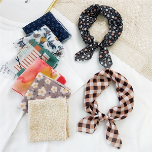 Floral cotton linen square scarves with plaid and fruit patterns shown in various styles