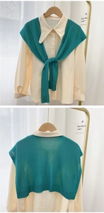 Front and back detail of cream collared shirt with a teal knitted shawl wrap shoulder