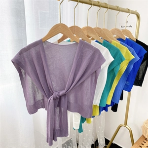 Women Knitted Small Shawl Thin Breathable Mesh Shoulder Wrap Tie Front Solid Color Summer Office Outerwear Fashionable