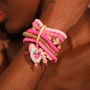 Bracelet Multirang Femme Bohème Rose Argile Polymère Résine Pendentif Cœur Lettre KISS LOVE SMILE Alliage Bijoux