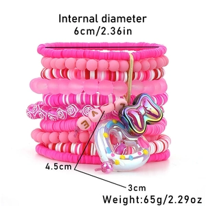 Detailed view of pink multi-layer beaded bracelet set with LOVE charms and bow accents