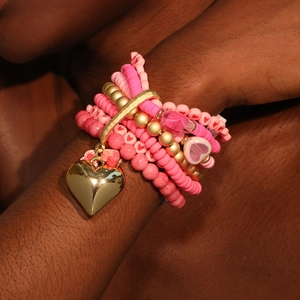 Multi Layer Polymer Clay Heishi Beaded Bracelets Heart Pendant Pink CCB Alloy Glass Beads Sweet Jewelry For Women