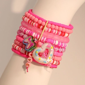 Pink multilayer beaded bracelet with heart charms and butterfly pendants for women