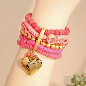 Bohemian multi-layer pink beaded bracelet set with large gold heart pendant for women