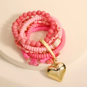 Multilayer pink bohemian clay bead heart charm tassel bracelet set for women
