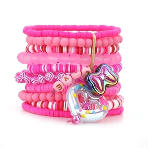 Pink multi-layer beaded bracelet set with clay hearts, butterflies and LOVE letters