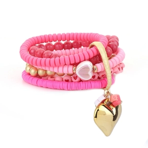 Five-piece multi-layer bohemian heart pendant bracelet set with pink clay heishi beads