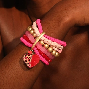 Bracelet Perles Multi-rangs Pendentif Cœur Léopard Pâte Polymère Résine Alliage Bijoux Doux Cadeau Saint Valentin