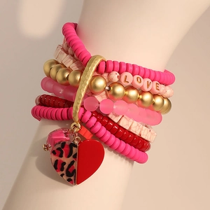 Ensemble de bracelets multicouches avec perles roses, cœur léopard et lettrage LOVE