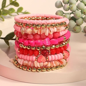 Ensemble de bracelets multicouches LOVE avec perles roses et accents dorés