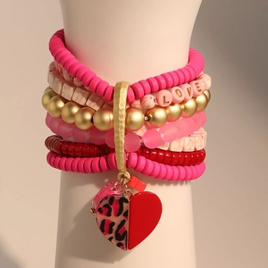 Bracelet multicouche en perles avec breloque cœur léopard rose et perles LOVE
