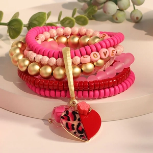 Bracelet multicouche cœur léopard avec roses et perles de lettres LOVE