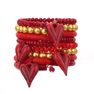 Bohemian multi-layer red beaded bracelet set with gold accents and marble heart charms