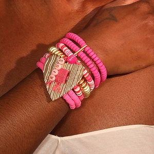 Multilayer Polymer Clay Heishi Beaded Bracelets With Alloy Heart Pendant Letter Beads Pink Sweet Valentine's Gift For Women