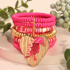 Pink multi-layer beaded bracelet set with gold heart charms and MISS LOVE letters