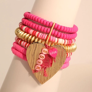 Pink multi-layer polymer clay bead bracelet set with heart charms and LOVE lettering