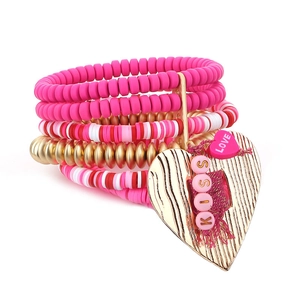 Pink multilayer Heishi bead bracelet set with gold heart pendant featuring KISS engraving