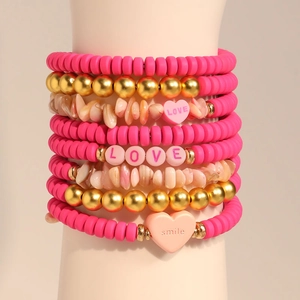 Multilayer hot pink heishi bead bracelet with natural stone and LOVE heart charms