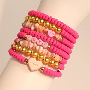 Multi-layer hot pink heishi bead bracelet set with LOVE and smile acrylic charms
