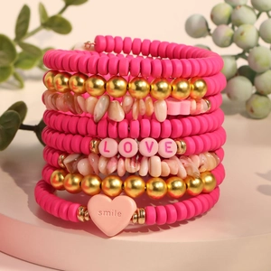 Multi-layer pink beaded LOVE bracelet set with gold beads and heart pendant