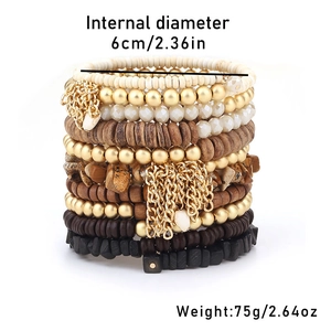 Detail view of multi-layer beaded bracelet showing 6cm inner diameter and 75g weight info