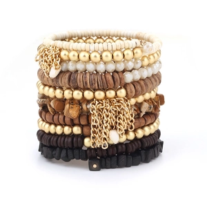 Bohemian multi-layer beaded bracelet set with natural stone, wood beads and gold tassels