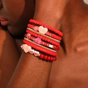 Bracelet Multi Rangs Perles Bohème Pendentif Cœur Argile Polymère Verre Résine CCB Bijoux Saint Valentin Femme