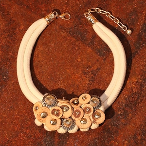 Ethnic double-layer coconut shell and wood choker necklace with metal accents and pearl