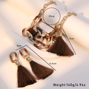 Chic acrylic tassel necklace and earrings set in gold metal with dimensions and weight