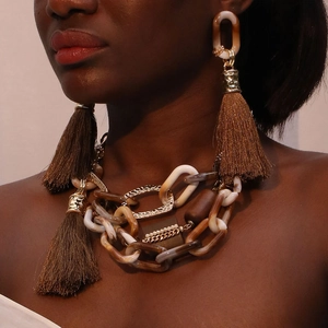 Bohemian Tassel Necklace And Earrings Acrylic Alloy Aluminum Chunky Chain Jewelry For Women Vintage Style