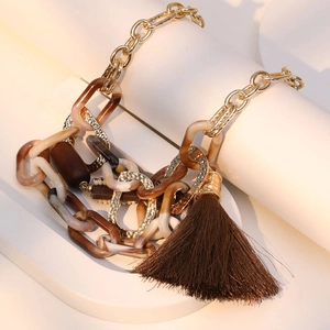 Fashion acrylic tassel necklace set with tortoise link and amber resin highlights