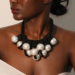 Exaggerated Statement Necklace With Large White Imitation Artificial Pearls Black Woven Polyester Rope Alloy Clasp Women Jewelry